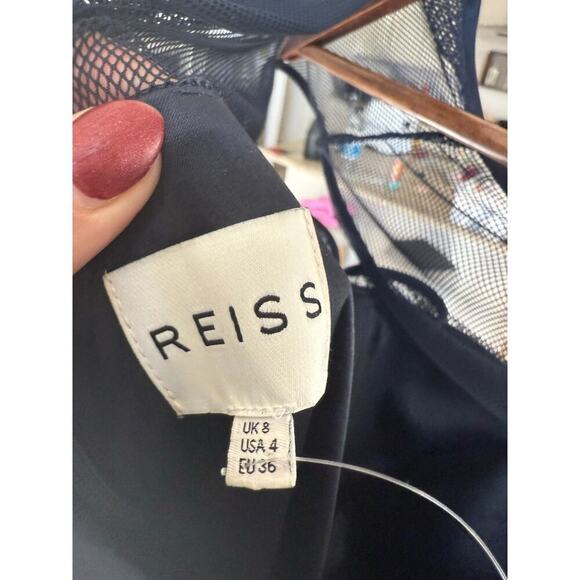 REISS gorgeous navy mixed media cocktail body-con mesh satin dress NWOT - Picture 9 of 9